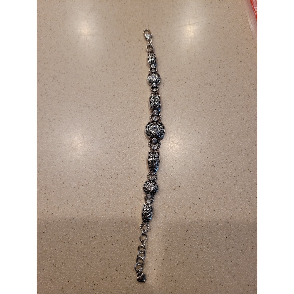 Brighton Silver Tone Crystal Filigree Scroll Link Bracelet Heart Charm Adjustabl